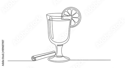 continuous line art of a festive hot spiced drink in a glass with lemon and cinnamon perfect for winter menus cozy beverages.