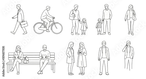 clean line art people in daily life walking cycling interacting using technology for modern urban lifestyle visuals.