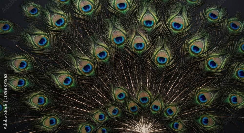 Fototapeta premium A vibrant peacock's tail, feathers fanned wide, showcasing iridescent blues, greens, and browns against a dark backdrop