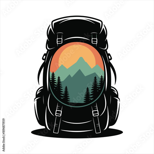 Creative travel bag icon featuring a scenic mountain sunset, equipment for trekking and exploration