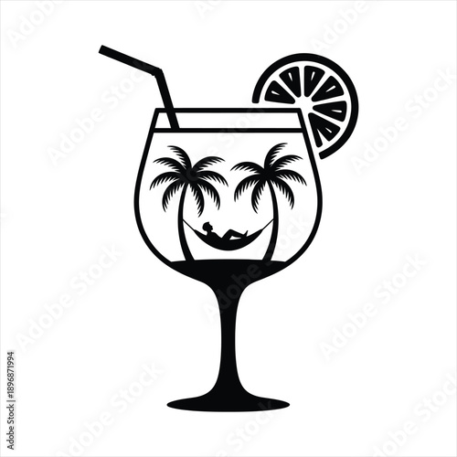 Colorful summer drink icon with tropical beach sunset inside a cocktail glass, vibrant vacation art