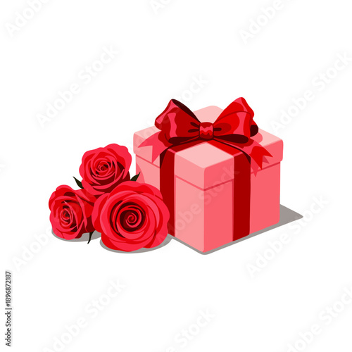 Illustration of a pink gift box with a red ribbon and three red roses on a white background, with a simple and elegant composition.