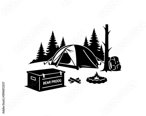 Camping Gear Silhouette Vector Illustration with Bear Proof Storage