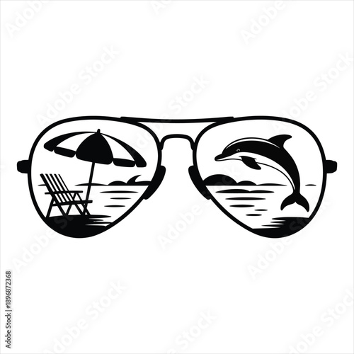 Summer aviator sunglasses with tropical beach reflection and dolphin silhouette