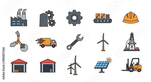 Industrial Icons Set Featuring Factories Machinery and Vehicles.