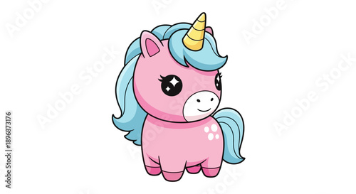 Cartoon Pink Unicorn with Blue Hair.