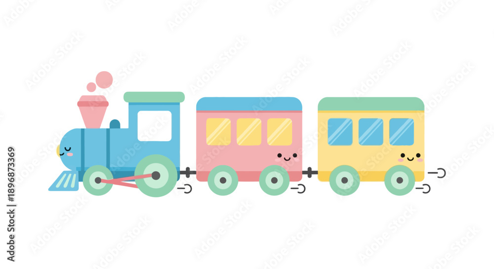 Naklejka premium Colorful Cartoon Train with Engine and Cars.