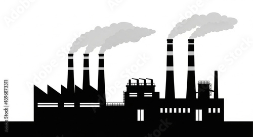 Industrial factory with smoke stacks emitting pollution into the sky.