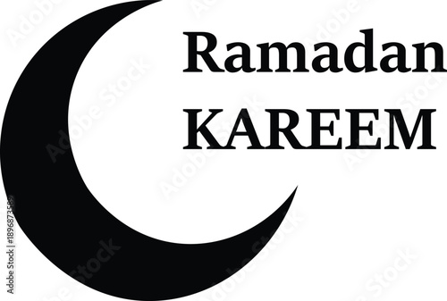 Ramadan Kareem text with a large black crescent moon, a symbol of Islamic holy month greetings