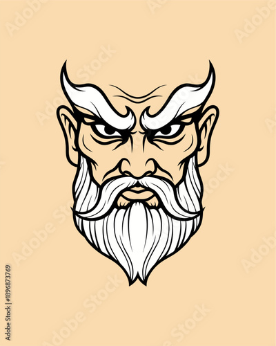 Mythical guardian male face illustration with dramatic eyebrows and beard, stylized fantasy character, sharp contour lines, clean vector linework, symmetrical front view