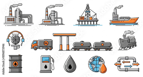 Industrial icons representing oil and gas industry elements.