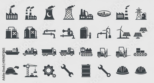 Industrial Icons Set Factory Building Transportation Equipment.