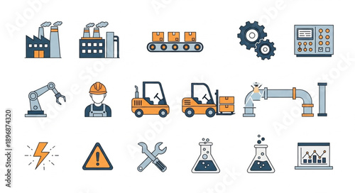 Industrial icons set factory equipment and machinery illustrations.