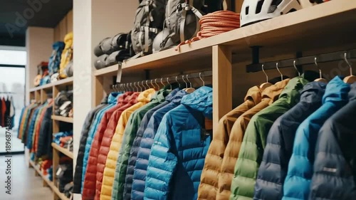 Colorful row of lightweight insulated puffer jackets hangs neatly displayed on racks inside an outdoor gear retail store featuring climbing helmets and backpacks above.