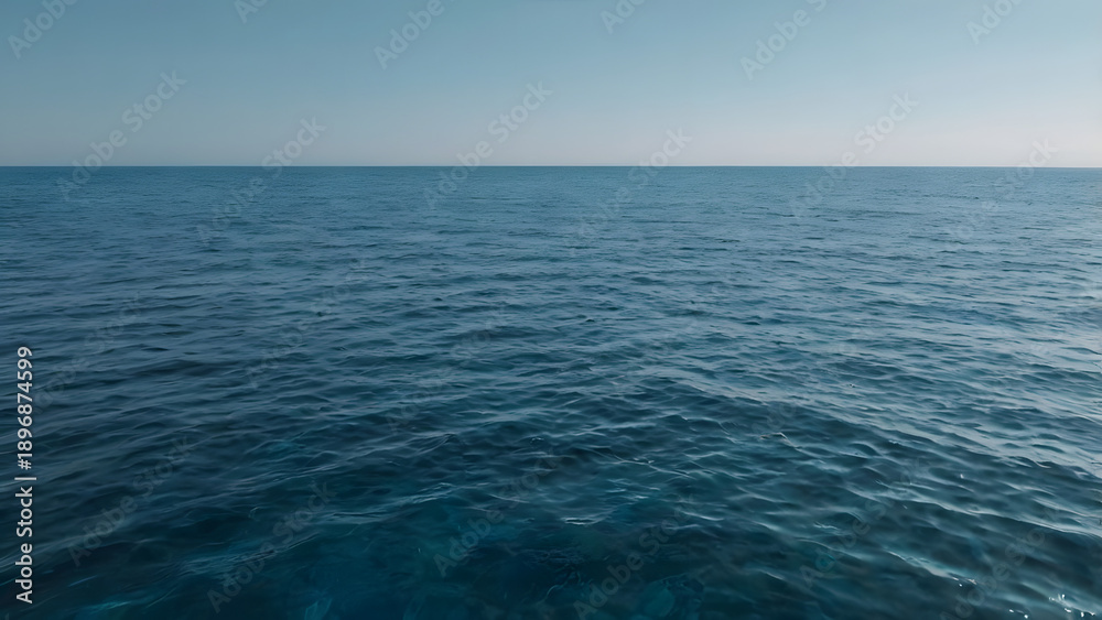 Obraz premium Infinite Horizon of the Open Ocean: The vast, serene expanse of the ocean stretches endlessly towards a clear, azure sky, reflecting the sun's gentle glow. 