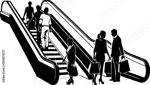 Shopping Mall People on Escalator Silhouette – Family Retail Store Customers Vector Icon