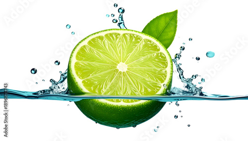 A vibrant, cross-section of a green citrus fruit sits amidst cool, clear water, with droplets. A healthy green leaf is attached