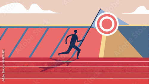 Athlete running on a track holding a flag with a target symbol at the finish line from a distant viewpoint
