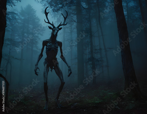 Wendigo Creature Standing in Dark Forest Inspired by Native American Folklore