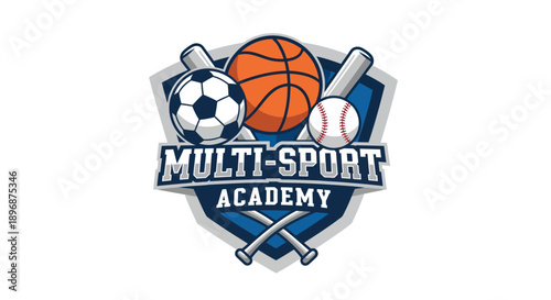 Multi-Sport Academy Logo Featuring Soccer Basketball and Baseball.