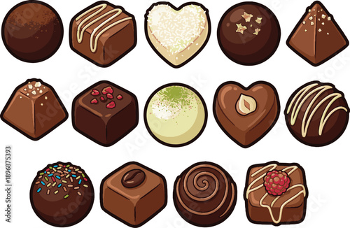 Luxury Chocolate Truffle Vector Set. Assorted gourmet pralines with cocoa powder, coconut, and gold leaf stickers