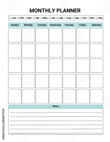 Monthly Planner Grid With Notes Section And Month Selection