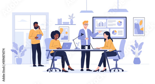 Diverse team collaborating in modern office with professional presentation on screen