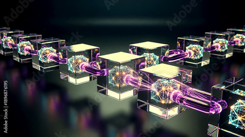 AI-generated 3D illustration of a blockchain network. Glowing data blocks represent secure enterprise transactions and distributed ledger technology innovation.