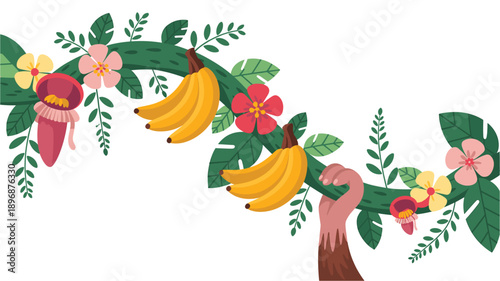 A vibrant vector illustration of a hand holding a lush green banana tree branch with colorful flowers and leaves on a white background