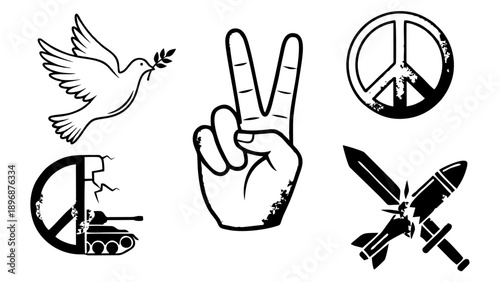 Icon Set Peace and Anti War Symbols Collection in Black and White Outline Style