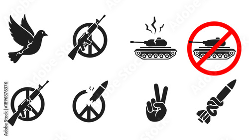 Peace vs War Icon Set Dove Anti War Symbols Tank and Victory Sign Graphics
