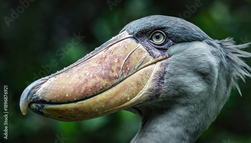 Intense Close-Up of a Shoebill Bird with Raindrops on Its Unique Beak