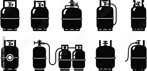 Gas cylinder icon set, propane tank silhouettes, vector collection of fuel containers for cooking, industrial energy, and storage.