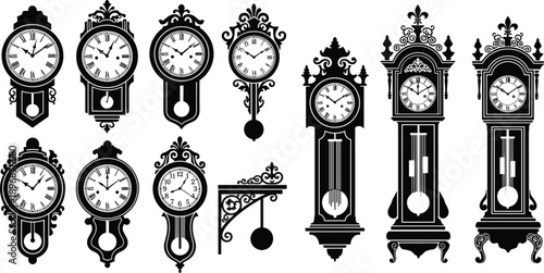 Set of vintage wall and grandfather clock silhouettes, black antique timepiece vector icons for retro home decor, interior design, and history.