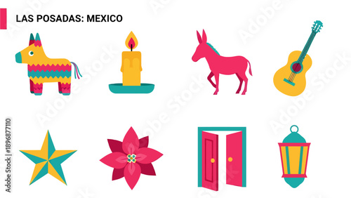Brightly colored icons representing elements of Las Posadas celebration in Mexico