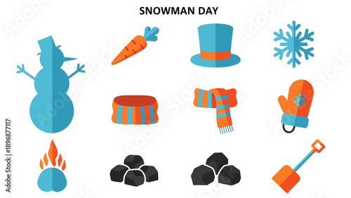Collection of blue orange and black flatdesign icons related to building a snowman