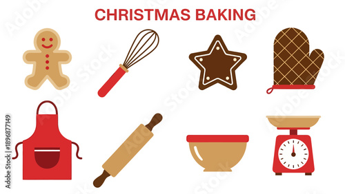 Collection of Christmas bakingrelated illustrations including cookies tools and kitchenware