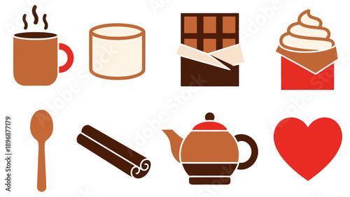 Eight icons related to hot beverages and chocolate arranged in two rows