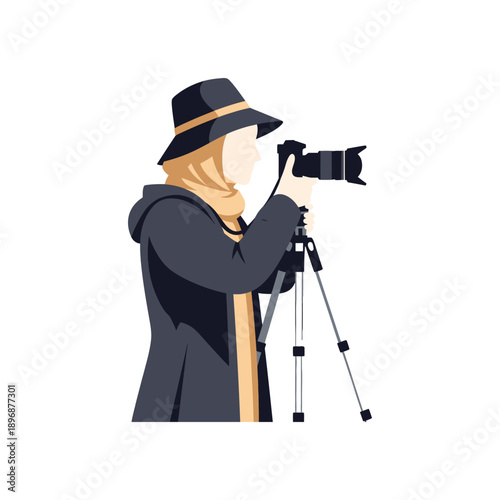 “Photographer illustration, person holding camera and tripod, flat minimal design, clean shapes, solid colors, vector-friendly, no brand, no text, simple background”