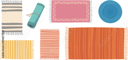 Colorful Rug and Carpet Vector Illustration Set  Decorative Shapes and Patterns