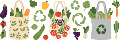 Eco Friendly Grocery Shopping Bags Vector Set with Vegetables Recycling and Sustainable Lifestyle