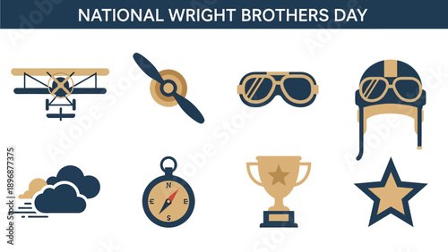 National Wright Brothers Day graphic with eight aviation icons in blue and tan