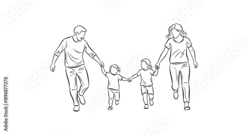 a happy family of four running together holding hands in a joyful outdoor moment illustrating parental love childhood fun and togetherness.