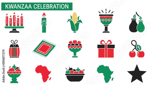 Kwanzaa celebration icons in red green and black colors