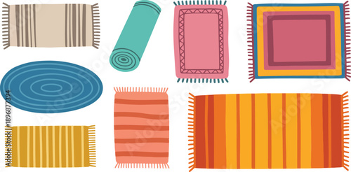 Colorful Rug and Carpet Vector Illustration Set  Decorative Shapes and Patterns