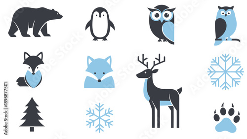 Twelve minimalist twotone icons depicting arctic animals snowflakes and a pine tree