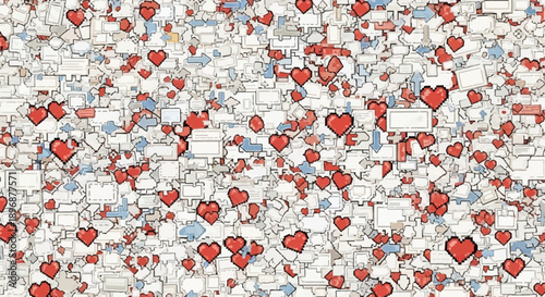 a busy social media pattern featuring pixelated red hearts chat bubbles and arrows illustrating digital communication and online engagement.