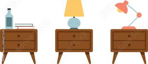 Mid-Century Modern Nightstands and Table Lamps Flat Vector Illustration