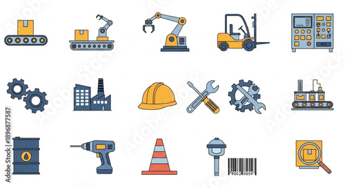 Industrial Icons Set Featuring Machinery Tools and Equipment.