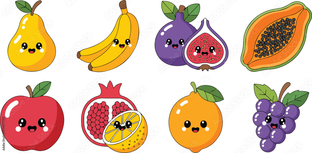 Fototapeta premium Cute Kawaii Fruit Characters with Funny Faces Minimal Line Vector Set